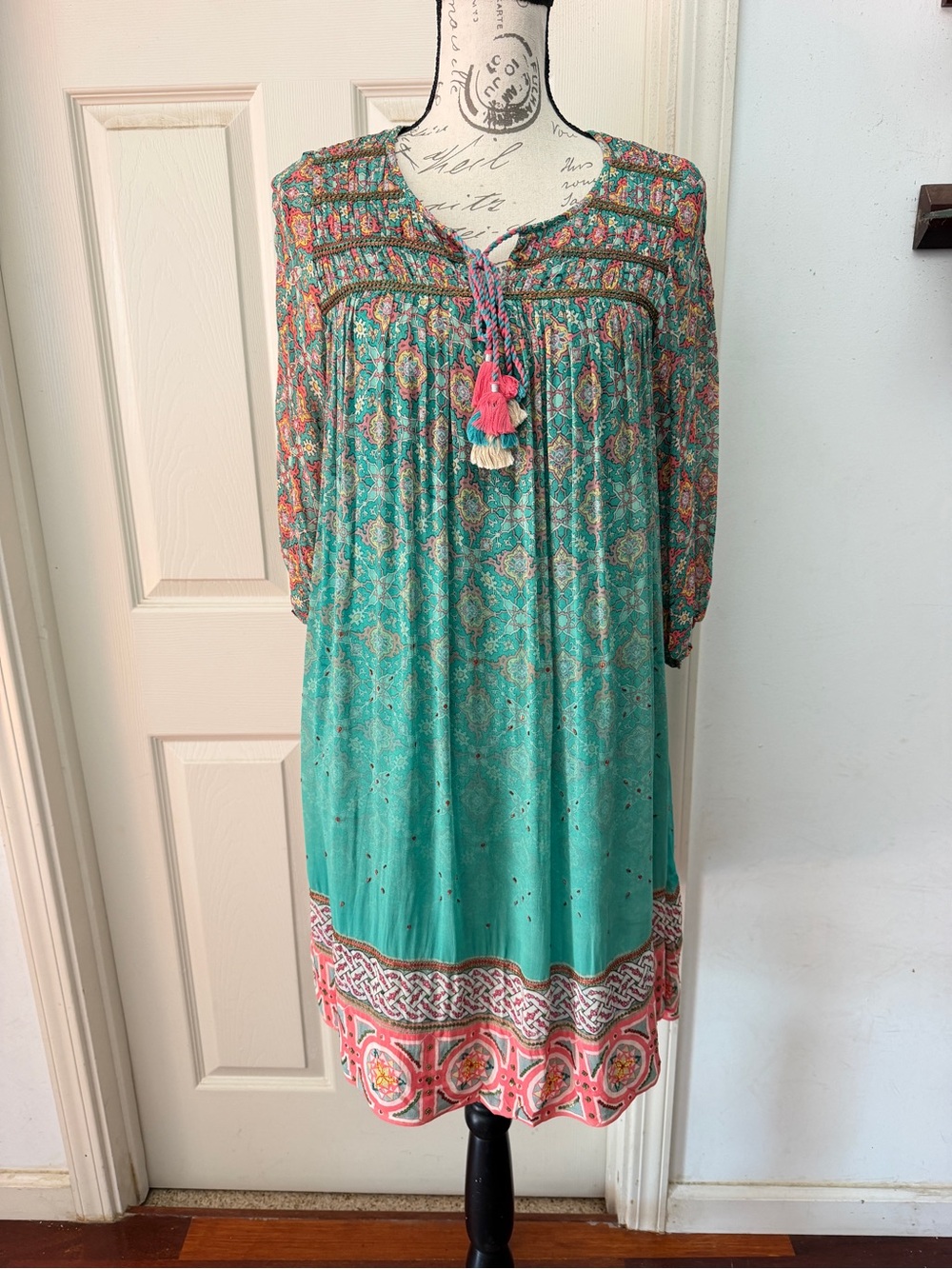 Boho Teal Print Tassel Peasant Dress - Picture 2 of 11